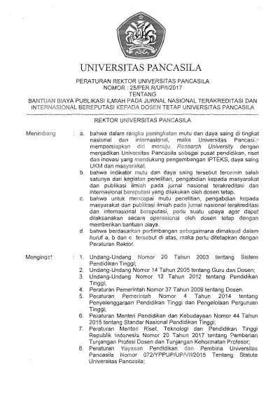 Peraturan Rektor Universitas Pancasila Nomor 25/PER.R/UP/I/2017 tentang Bantuan Biaya Publikasi Ilmiah pada Jurnal Nasional Terakreditasi dan Internasional Bereputasi kepada Dosen Tetap Universitas Pancasila