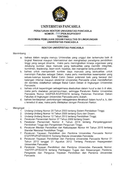 Peraturan Rektor Universitas Pancasila Nomor 555/PER.R/UP/II/2017 tentang Pedoman Pemilihan Dekan Fakultas di Lingkungan Universitas Pancasila