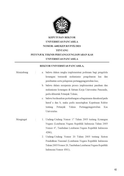 Keputusan Rektor Universitas Pancasila Tentang Petunjuk Teknis Pertanggungjawaban Kas Universitas Pancasila