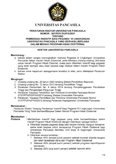 Peraturan Rektor Universitas Pancasila Nomor 847 Tahun 2021 Tentang Pemberian Insentif Bagi Pegawai Di Lingkungan Universitas Pancasila Yang Berhasil/Berjasa Dalam Meraih Program Hibah Eksternal.