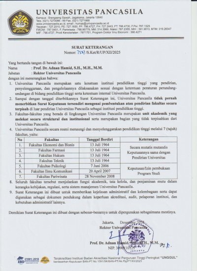 Surat Keterangan Rektor  Nomor 7327 Tahun 2025 Tentang Pendirian Fakultas Nomor 